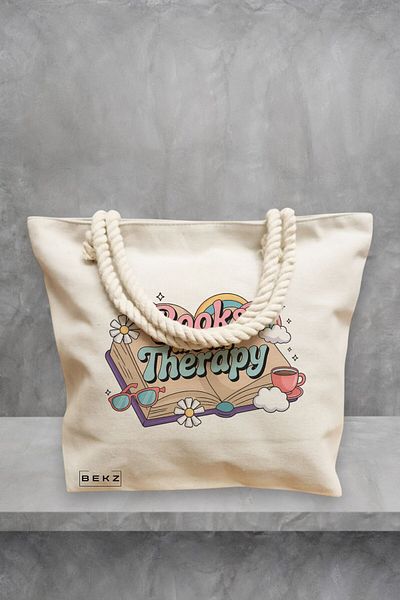 BEKZ Geanta de plaja, model Books are my therapy, 40x51 cm, Crem, BEKZ®