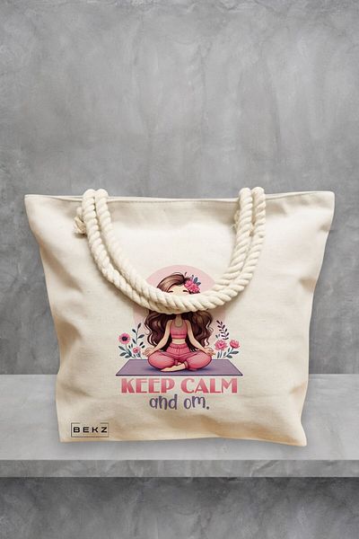 BEKZ Geanta de plaja Yoga Keep calm and Om, 40x51 cm, Crem, BEKZ®