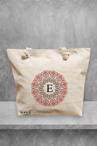 BEKZ Beach Tote Bag, With letter E and Mandala, 40x51 cm, Cream, BEKZ®