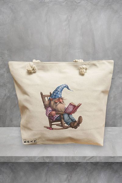 BEKZ Geanta de plaja, model The Bookish Gnome 7, 40x51 cm, Crem, BEKZ®