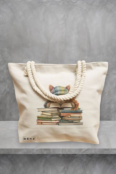 BEKZ Geanta de plaja, model Reading puppy 6, 40x51 cm, Crem, BEKZ®