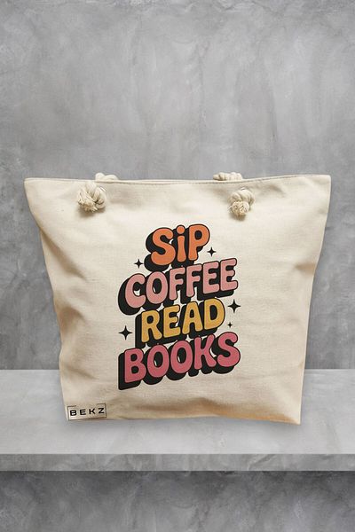BEKZ Geanta de plaja, model Sip Coffee read books, 40x51 cm, Crem, BEKZ®