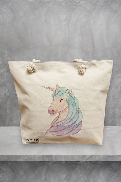 BEKZ Geanta de plaja, model Unicorn, 40x51 cm, Crem, BEKZ®