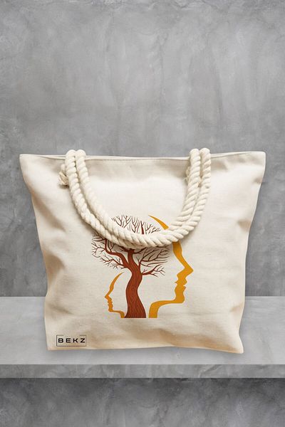 BEKZ Geanta de plaja, model Tree and Faces, 40x51 cm, Crem, BEKZ®
