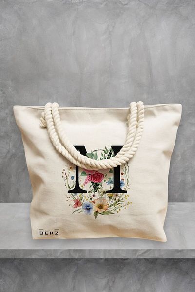 BEKZ Geanta de plaja, Cu litera M in Coronita Florala, 40x51 cm, Crem, BEKZ®