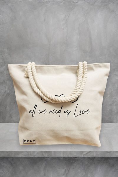 BEKZ Geanta de plaja, model All we nee is Love, 40x51 cm, Crem, BEKZ®