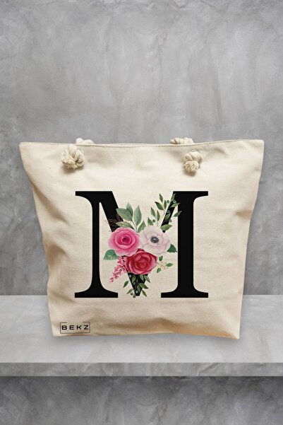 BEKZ Τσάντα θαλάσσης, με το γράμμα Μ και τριαντάφυλλα, 40x51 εκ., Κρεμ, BEKZ®