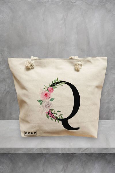 BEKZ Geanta de plaja, Cu litera Q si Trandafiri, 40x51 cm, Crem, BEKZ®