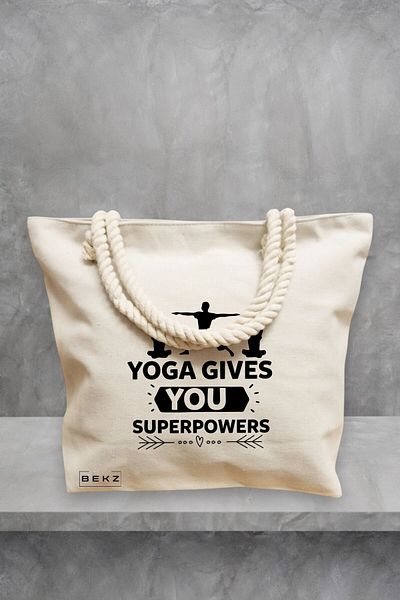 BEKZ Geanta de plaja Yoga gives you super powers, 40x51 cm, Crem, BEKZ®