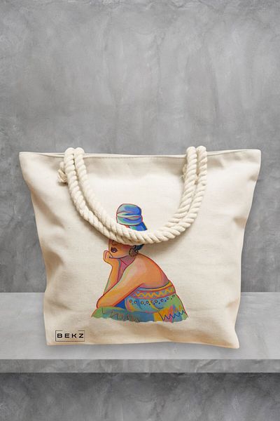 BEKZ Geanta de plaja, model Portret Vibrant 2, 40x51 cm, Crem, BEKZ®