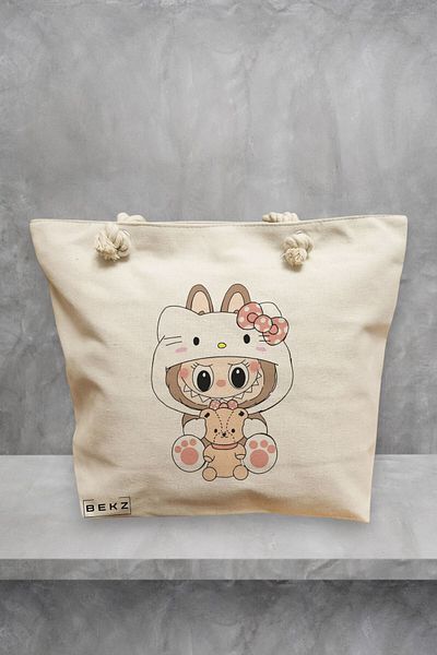 BEKZ Geanta de plaja, model Labubu 6, 40x51 cm, Crem, BEKZ®