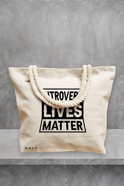 BEKZ Geanta de plaja, model Introvert Lives Matter, 40x51 cm, Crem, BEKZ®