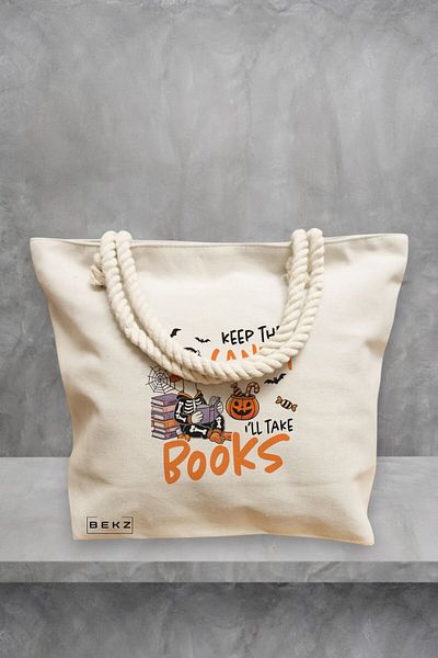 BEKZ Geanta de plaja, model Keep the candy I’ll take books, 40x51 cm, Crem, BEKZ®
