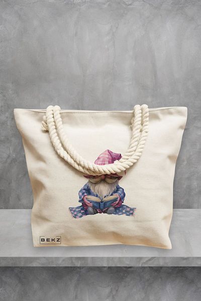 BEKZ Geanta de plaja, model The Bookish Gnome 12, 40x51 cm, Crem, BEKZ®