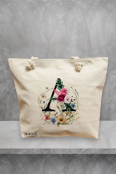 BEKZ Geanta de plaja, Cu litera A in Coronita Florala, 40x51 cm, Crem, BEKZ®