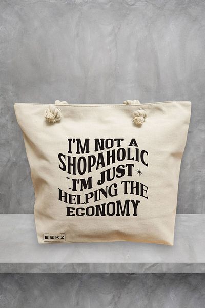 BEKZ Geanta de plaja, model I'm not a shopaholic, I'm just helping the economy, 40x51 cm, Crem, BEKZ®