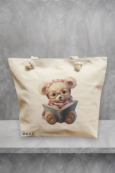 BEKZ Geanta de plaja, model Reading puppy 28, 40x51 cm, Crem, BEKZ®