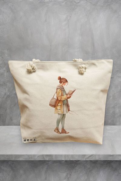 BEKZ Geanta de plaja, model The bookie girl 31, 40x51 cm, Crem, BEKZ®