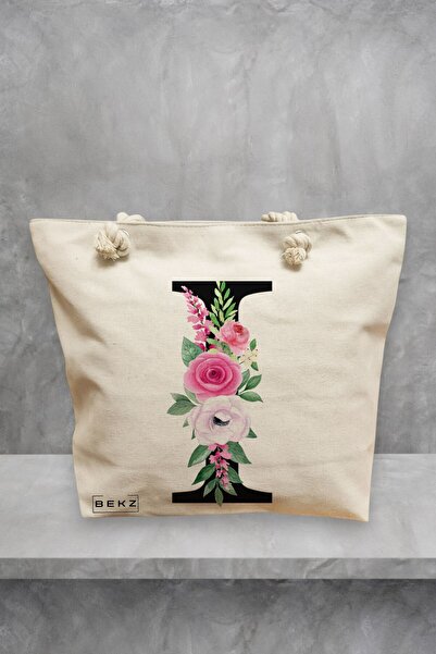 BEKZ Τσάντα θαλάσσης, με το γράμμα Ι και τριαντάφυλλα, 40x51 εκ., Κρεμ, BEKZ®