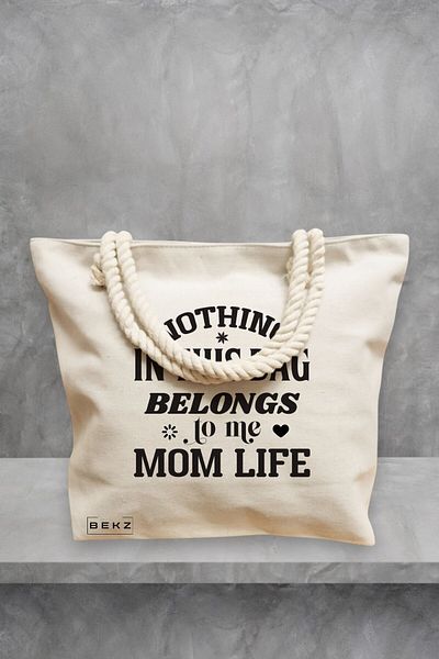 BEKZ Geanta de plaja, model Nothing in this bag belongs to me Mom Life, 40x51 cm, Crem, BEKZ®
