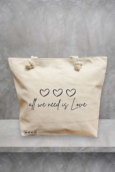 BEKZ Geanta de plaja, model All we nee is Love, 40x51 cm, Crem, BEKZ®