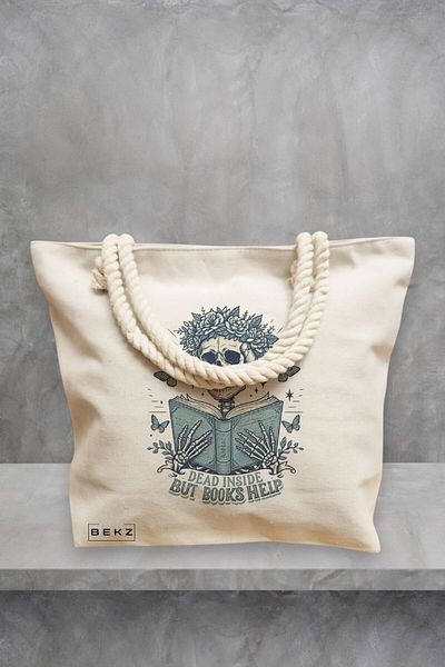 BEKZ Geanta de plaja, model Dead inside but books help, 40x51 cm, Crem, BEKZ®