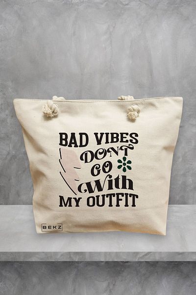 BEKZ Geanta de plaja, model Bad vibes don't go with my outfit, 40x51 cm, Crem, BEKZ®