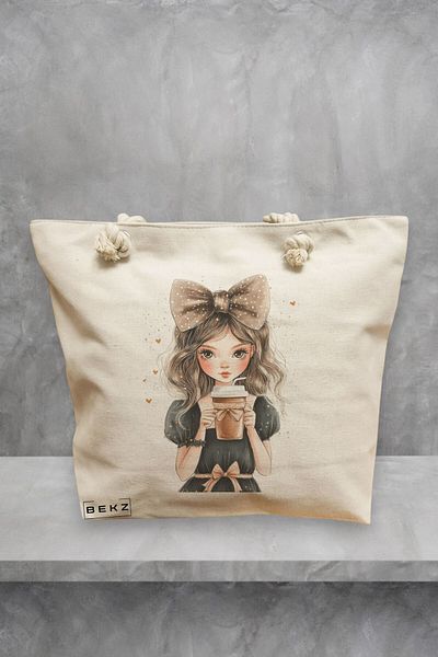 BEKZ Geanta de plaja, model The coffee girl 3, 40x51 cm, Crem, BEKZ®