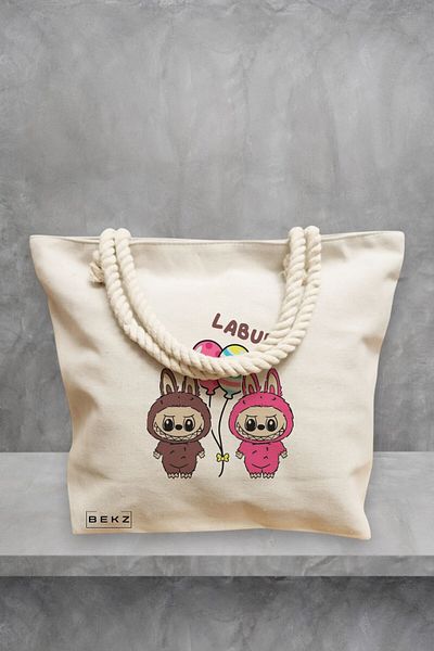 BEKZ Geanta de plaja, model Labubu 5, 40x51 cm, Crem, BEKZ®