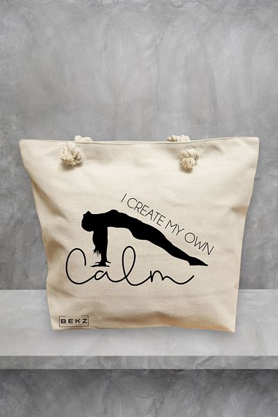 BEKZ Geanta de plaja Yoga I create my own calm, 40x51 cm, Crem, BEKZ®