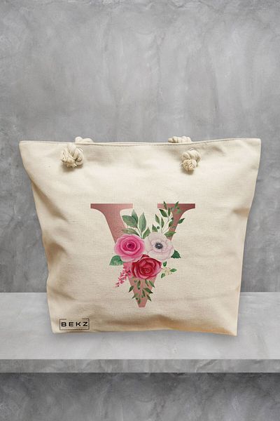 BEKZ Geanta de plaja, Cu litera V Rose Gold si Trandafiri, 40x51 cm, Crem, BEKZ®