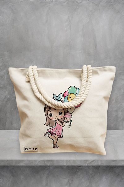 BEKZ Geanta de plaja, model Cupcake girl, 40x51 cm, Crem, BEKZ®