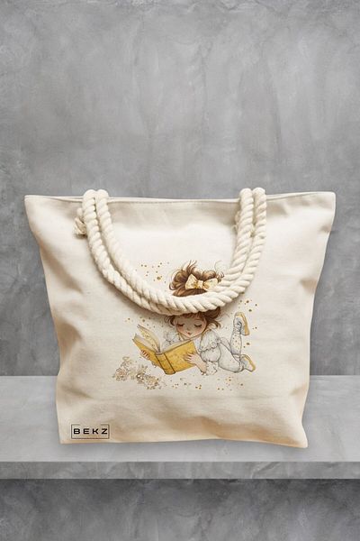 BEKZ Geanta de plaja, model The bookie girl 5, 40x51 cm, Crem, BEKZ®