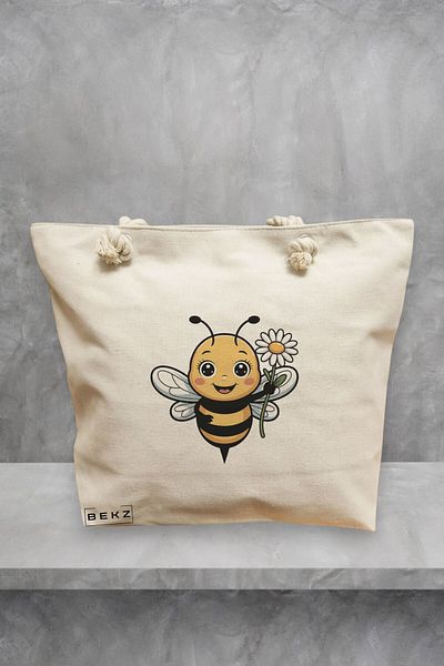 BEKZ Geanta de plaja, model Happy bee, 40x51 cm, Crem, BEKZ®