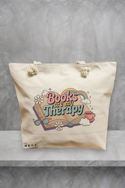 BEKZ Geanta de plaja, model Books are my therapy, 40x51 cm, Crem, BEKZ®