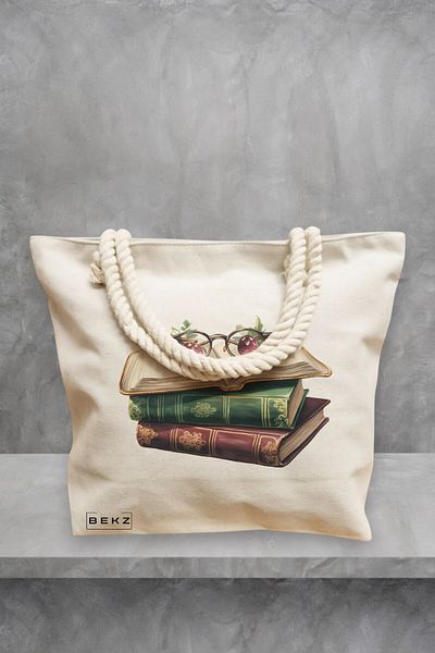 BEKZ Geanta de plaja, model Books and glasses, 40x51 cm, Crem, BEKZ®