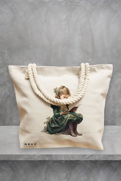 BEKZ Geanta de plaja, model The bookie girl 18, 40x51 cm, Crem, BEKZ®