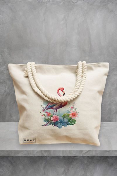 BEKZ Geanta de plaja, model Flamingo 4, 40x51 cm, Crem, BEKZ®