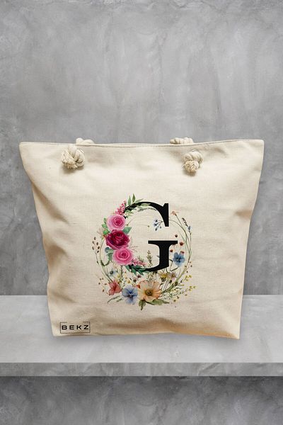 BEKZ Geanta de plaja, Cu litera G in Coronita Florala, 40x51 cm, Crem, BEKZ®