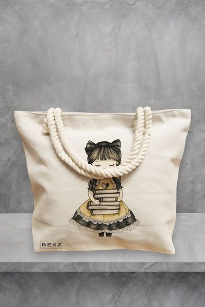 BEKZ Geanta de plaja, model The bookie girl 10, 40x51 cm, Crem, BEKZ®