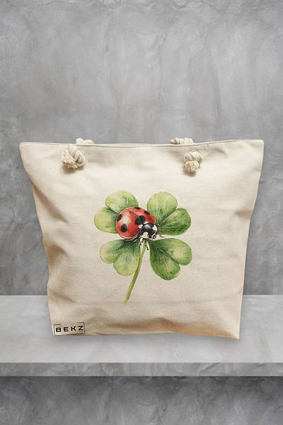 BEKZ Geanta de plaja, model Lucky Ladybug, 40x51 cm, Crem, BEKZ®
