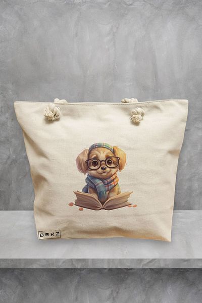 BEKZ Geanta de plaja, model Reading puppy 22, 40x51 cm, Crem, BEKZ®