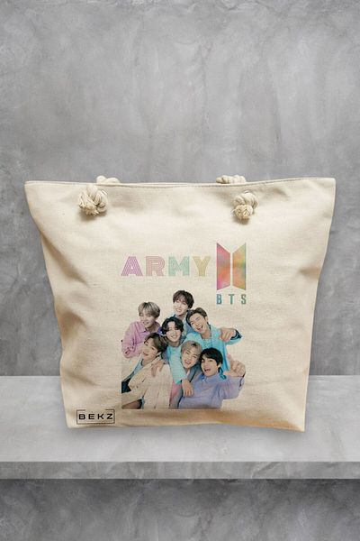 BEKZ Geanta de plaja, model BTS Army 7, 40x51 cm, Crem, BEKZ®