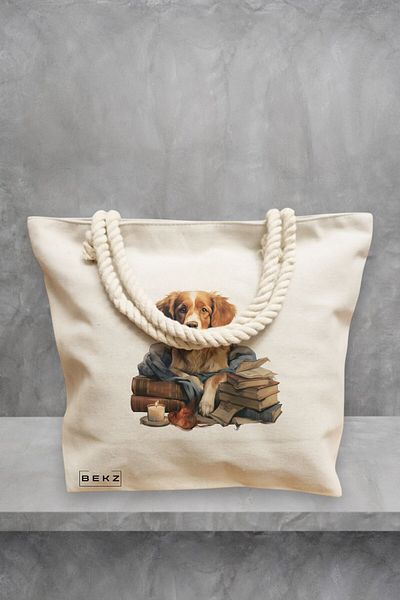 BEKZ Geanta de plaja, model Reading puppy 13, 40x51 cm, Crem, BEKZ®