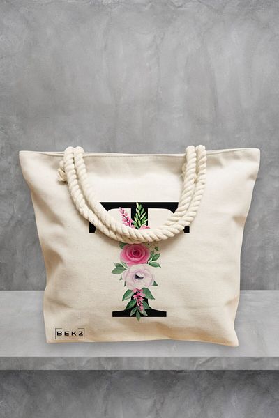 BEKZ Geanta de plaja, Cu litera T si Trandafiri, 40x51 cm, Crem, BEKZ®