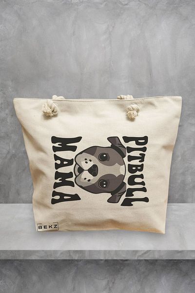 BEKZ Geanta de plaja, model Pitbull Mama, 40x51 cm, Crem, BEKZ®