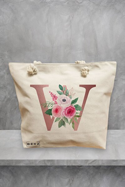 BEKZ Τσάντα θαλάσσης, με το γράμμα W ροζ χρυσό και τριαντάφυλλα, 40x51 εκ., κ...