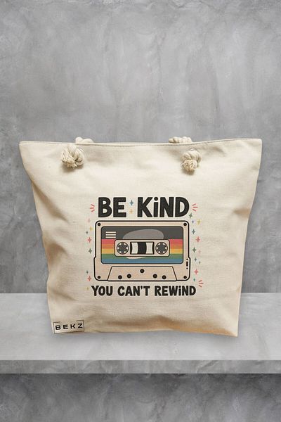 BEKZ Geanta de plaja, model Be kind you can’t rewind, 40x51 cm, Crem, BEKZ®