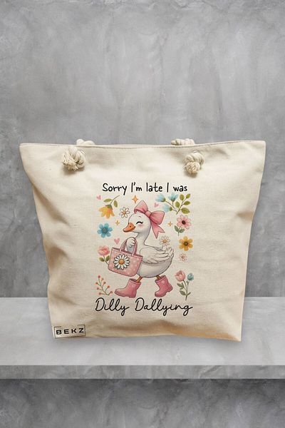 BEKZ Geanta de plaja, model Sorry I’m late I was dilly dallying 3, 40x51 cm, Crem, BEKZ®