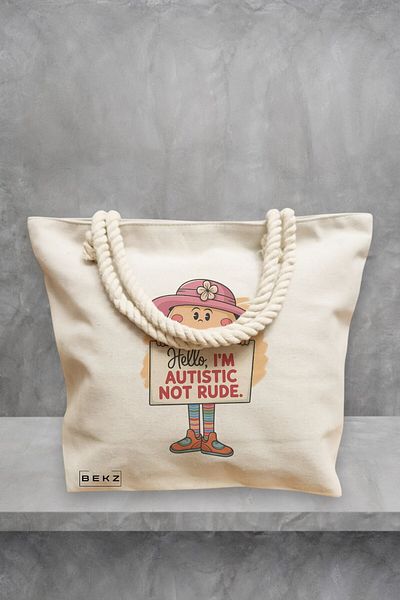 BEKZ Geanta de plaja, model Hello I’m autistic not rude, 40x51 cm, Crem, BEKZ®